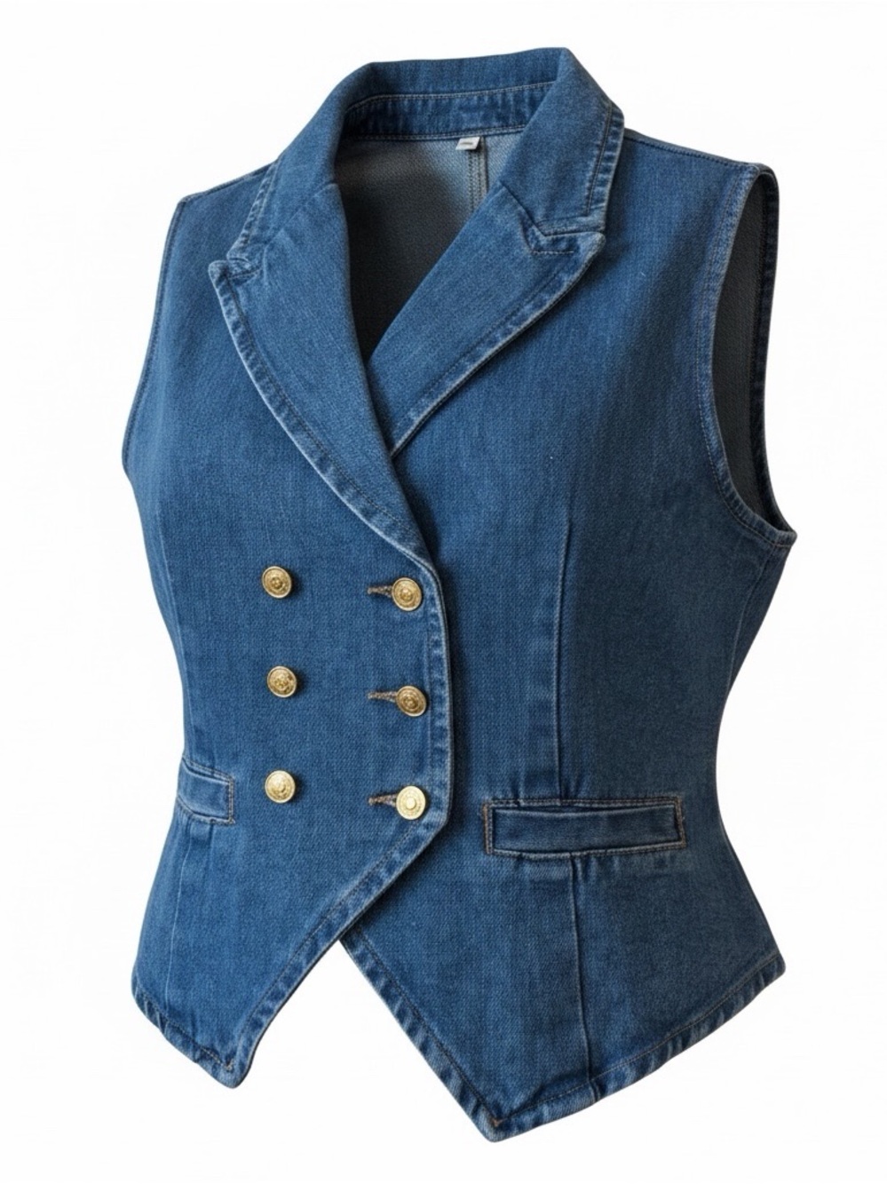 Denim Double-Breasted Vest with Gold Buttons